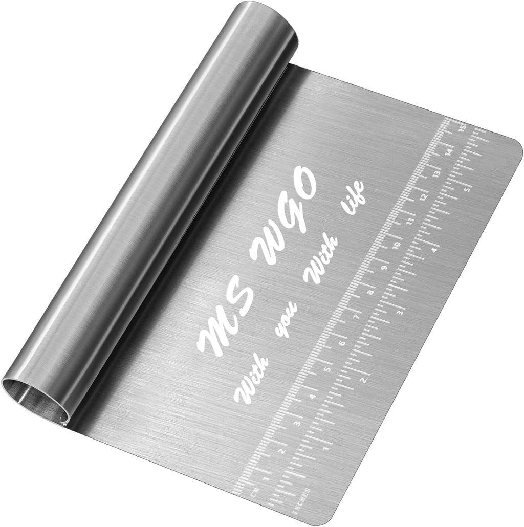Pro Dough Stainless Steel Pastry Scraper - Mirror Polished Cutter with Measuring Scale for Baking