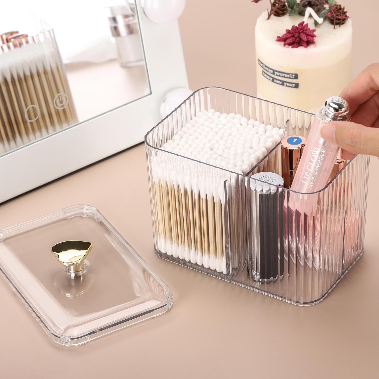 Tbestmax Qtip Holder Dispenser - 3-Section Clear Bathroom Organizer Jar for Cotton Swabs & Pads