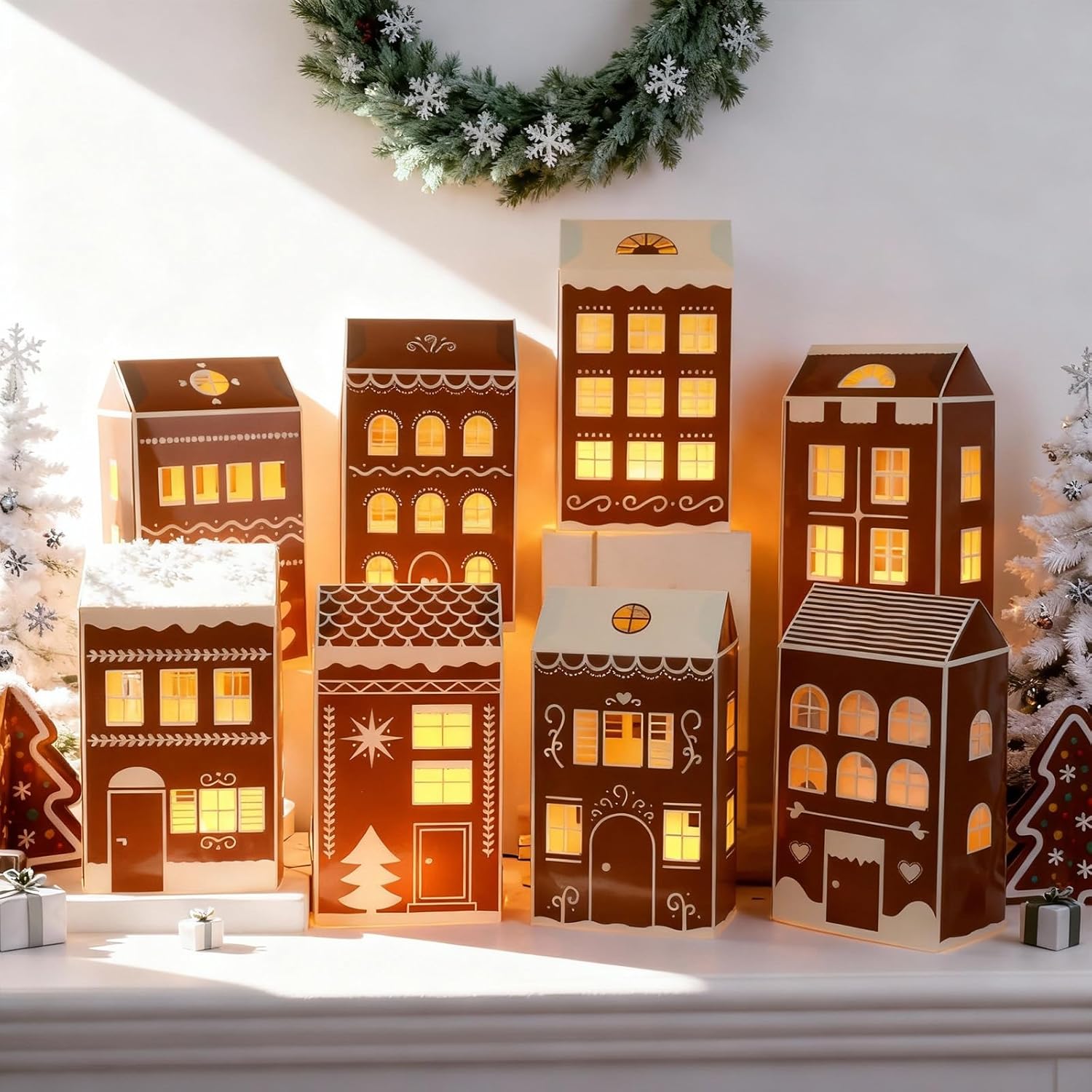 Reallnaive 20 Pcs Large 8" Christmas Cardboard Village Houses Set - DIY LED Candle Decor | Gingerbread Brown