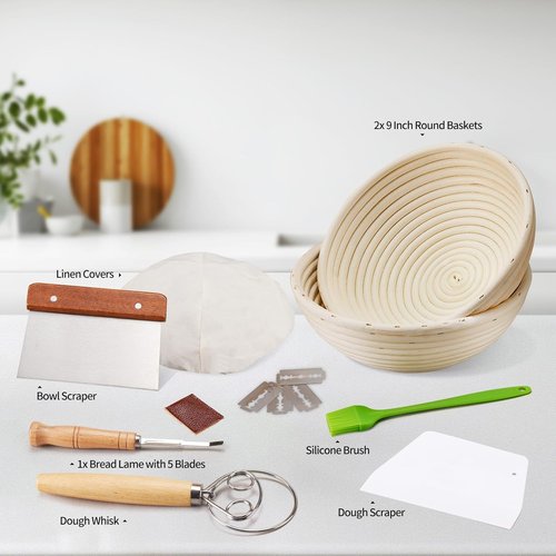 Dimpola Banneton Proofing Basket - Handmade Natural Rattan Round Dough Rising Basket for Artisan Bread (Set of 2)