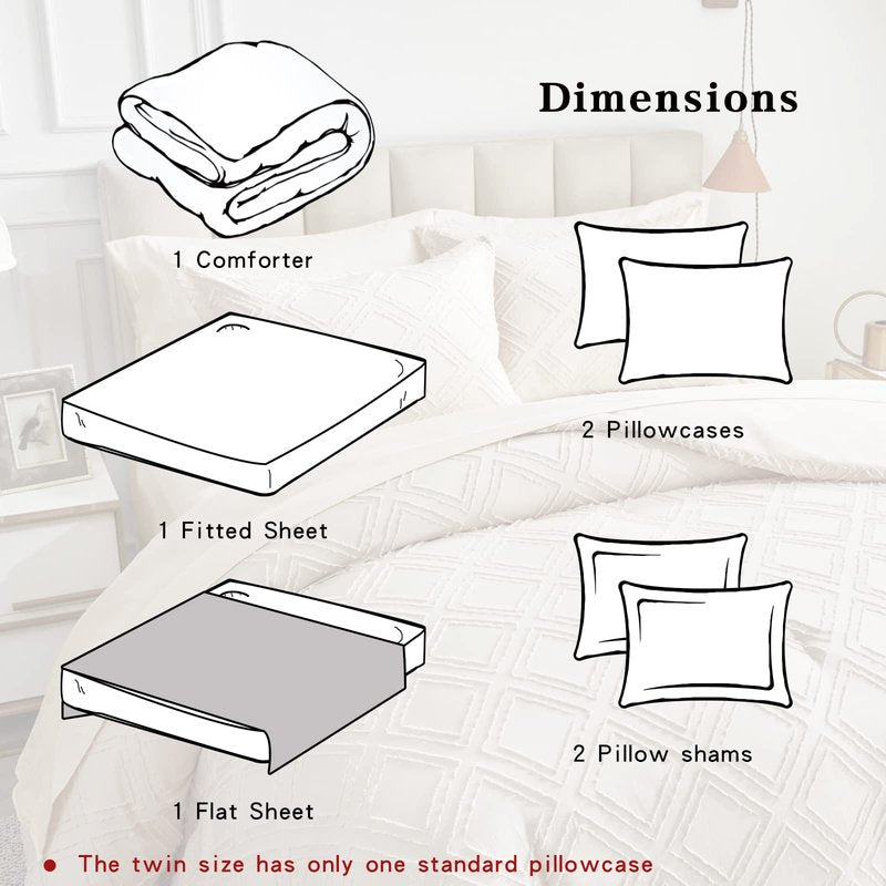 7 Pieces Tufted Bed in a Bag King Comforter Set with Sheets Beige, Soft and Embroidery Shabby Chic Boho Bohemian, Luxury Solid Color with Diamond Pattern, Jacquard Tufts Bedding Set for All Season