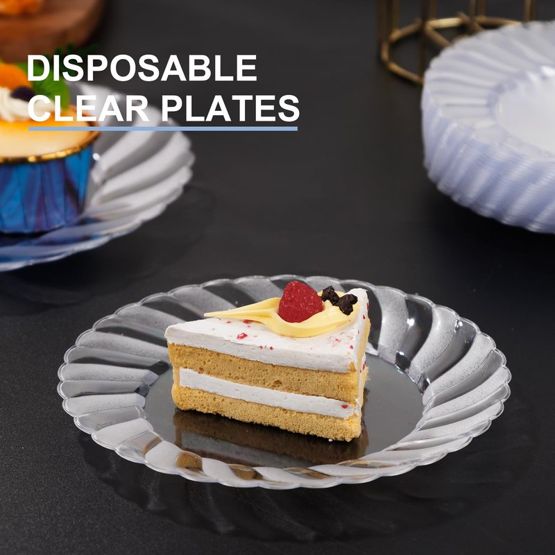 U-QE 100 Pieces Clear Plastic Plates-6 Inch Plastic Dessert Plates Disposable - Washable & Reusable - Premium Hard Clear Plates Fancy Disposable Heavy Duty Plastic Plates for Party,Weddings and Events