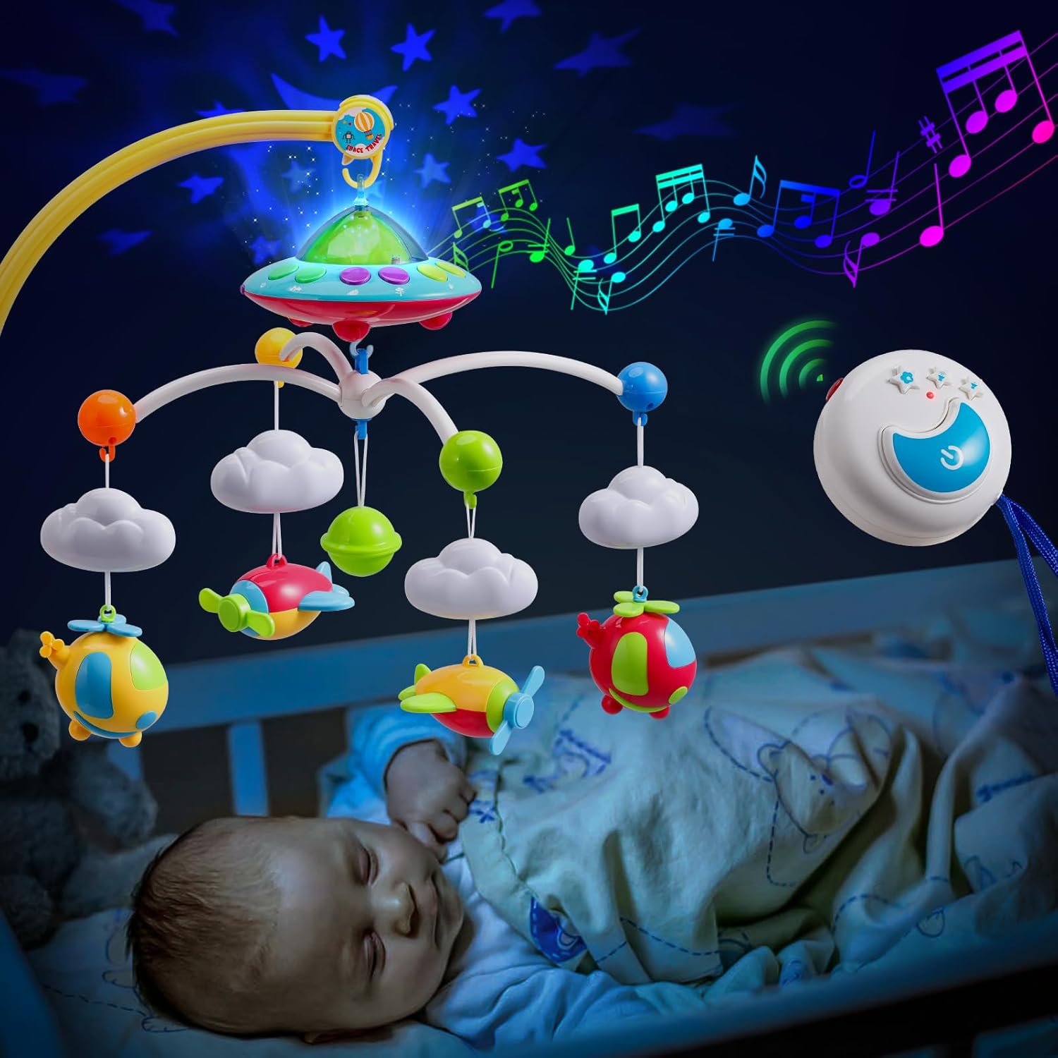Skiennix Baby Musical Crib Mobile - Remote Control, Lights & Projector | 108 Melodies for Newborns