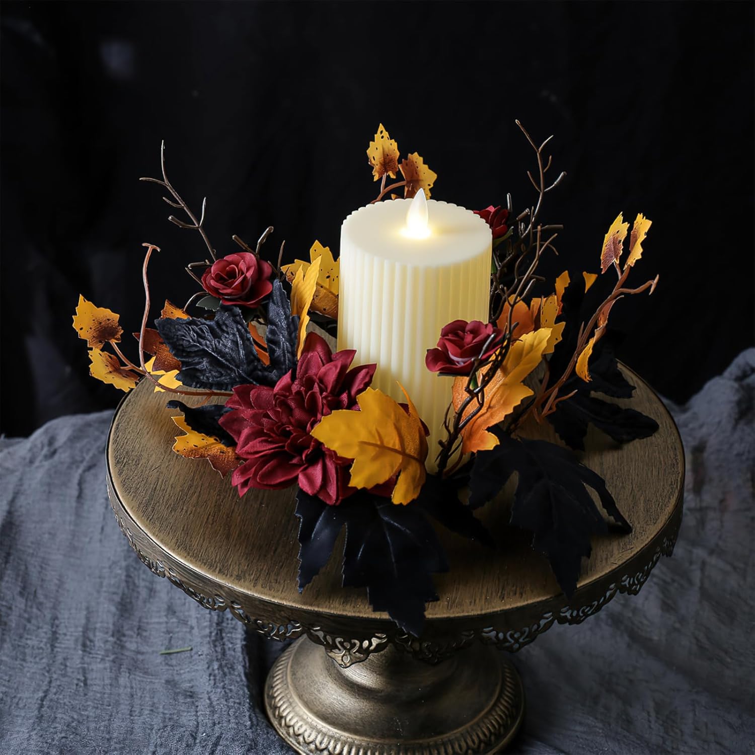 Regine Switzerland Halloween Candle Rings - Red Floral Wreath with Artificial Maple Leaves | Perfect for Home Decor