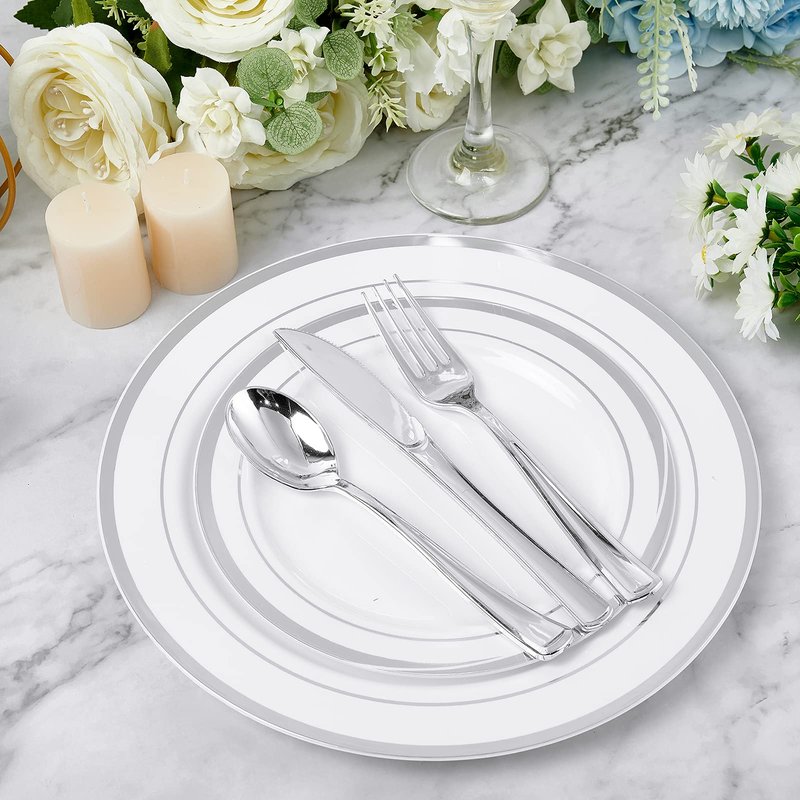FOCUSLINE 160 Pack Silver Plastic Silverware Set, Plastic Flatware Set- 80 Silver Forks, 40 Knives, 40 Spoons, Heavy Duty Disposable Cutlery for Weddings, Parties, Dinners