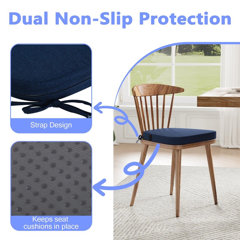 idee-home Chair Cushions for Dining Chairs, Kitchen Chair Pads Set of 6, U-Shaped Seat Cushions with Ties Non-Slip Bottom for Indoor Dining Room, Removable Cover, 17" x 16" x 2" Navy