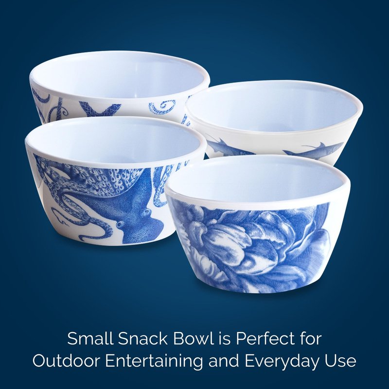 Caskata Peony Melamine Snack Bowls, Set of 4 | Small Bowls for Entertaining and Everyday Use | Perfect for Home, Beach, Pool and Gifting | Blue on White Color | 6 oz