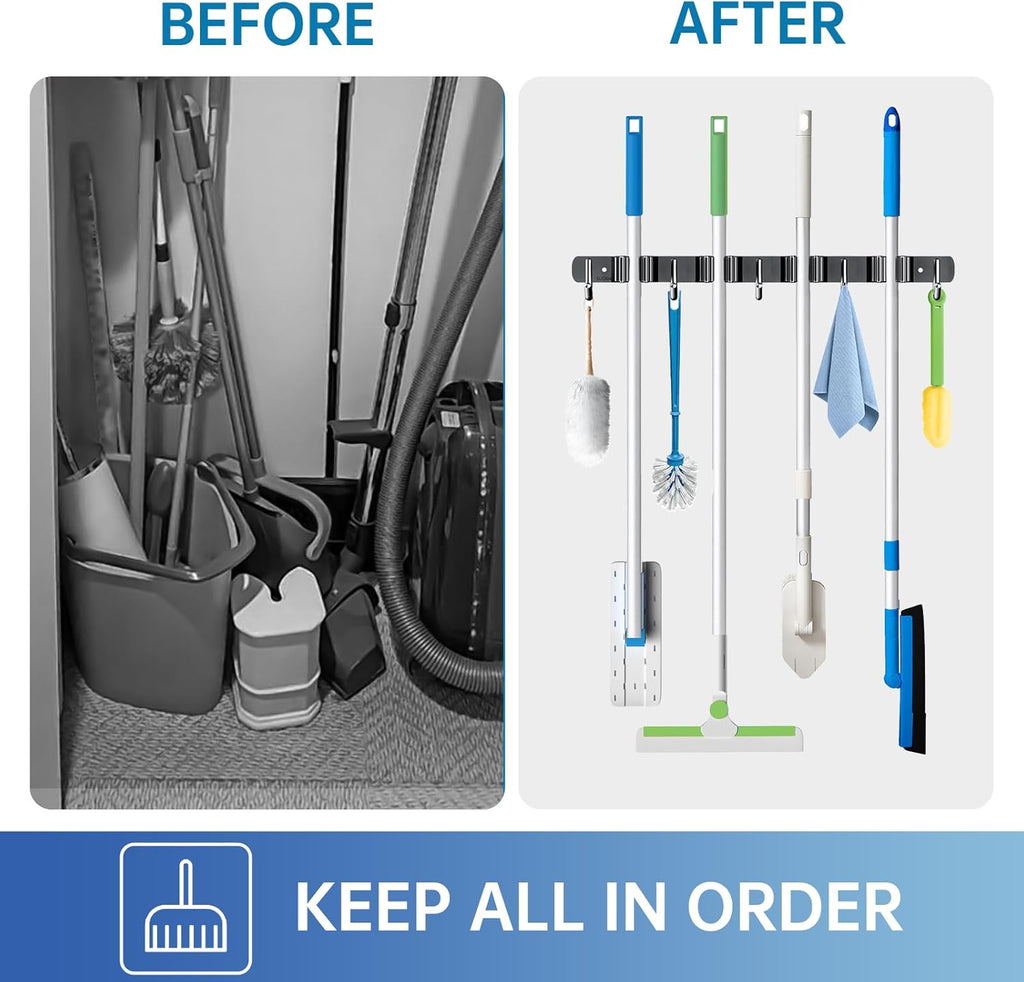 ZONGOOL Wall Mount Broom Holder - Heavy Duty 2 Pack Organizer with 4 Racks & 5 Hooks | Black