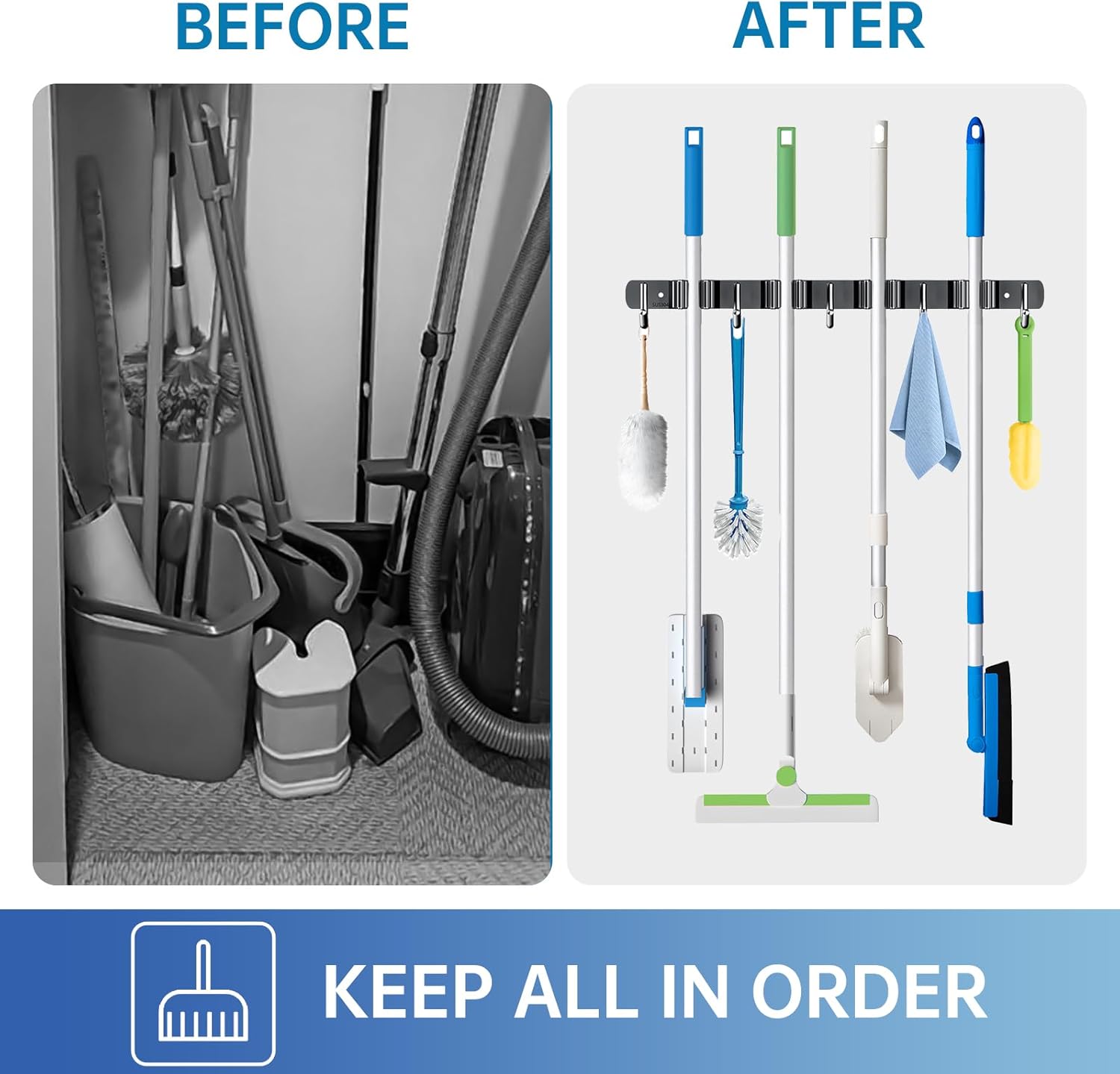 ZONGOOL Wall Mount Broom Holder - Heavy Duty 2 Pack Organizer with 4 Racks & 5 Hooks | Black