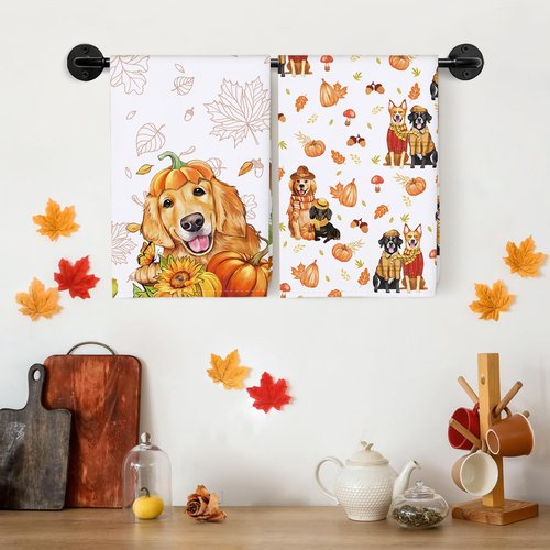 Arquiel 4 Pcs Fall Dogs Kitchen Towel, 100% Cotton Thanksgiving Maple Leaf Dish Towel 27.5"x18.8", Housewarming Gifts Holiday Decorative Tea Towels for Dining Home