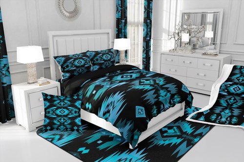 Feelyou Blue Black Southwestern Comforter Set,Tribal Native American Indian Bedding Set Twin Size,Boys Girls Bedroom Room Decor,Exotic Style Comforter,Farmhouse Western Bed Set