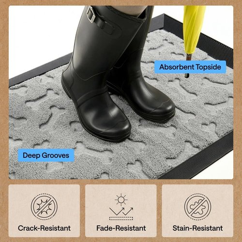 GORILLA GRIP 100% Waterproof All-Season Doormat - Natural Rubber, Stain & Fade Resistant, 47x35, Light Gray Bones