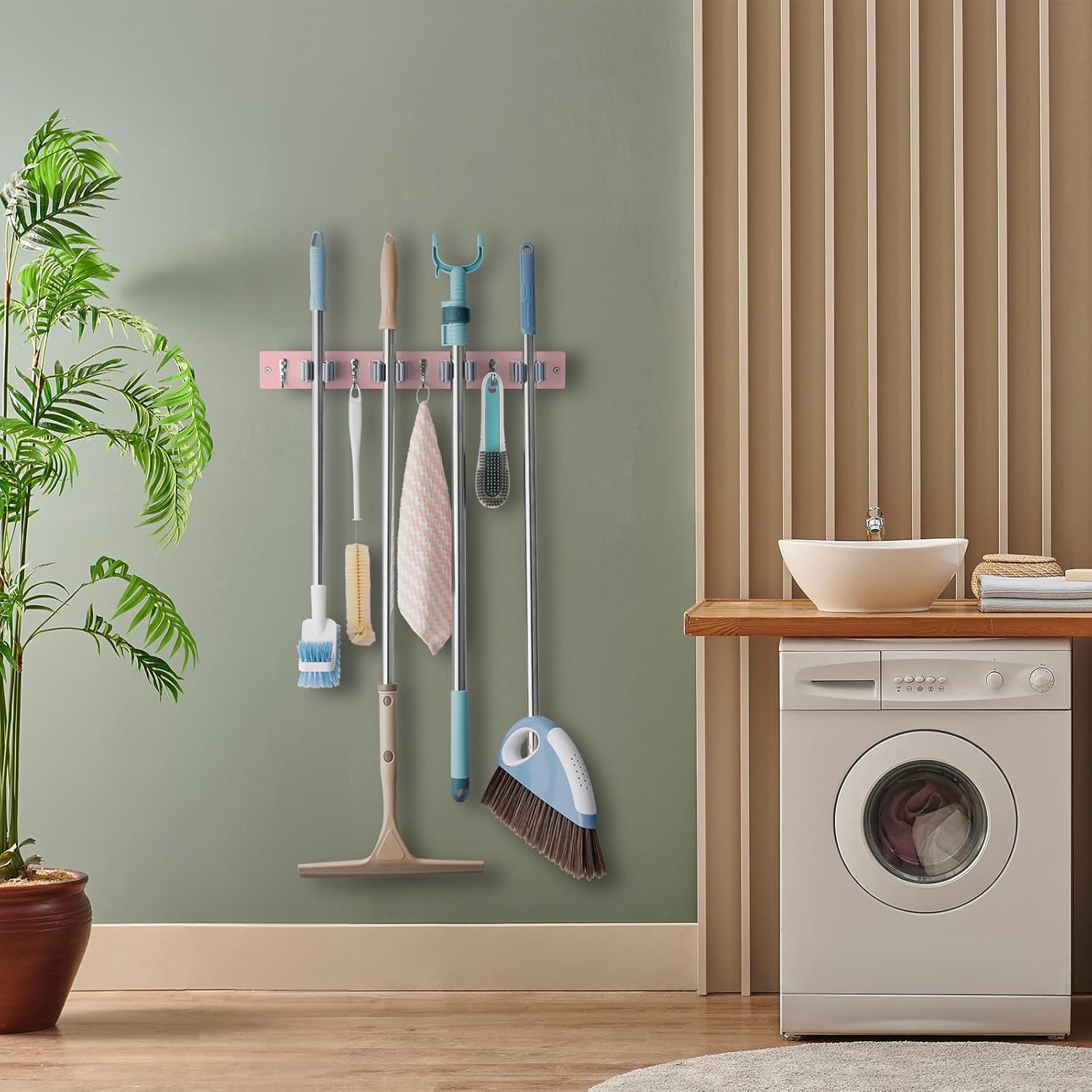 OUTNILI Pink Mop Broom Holder - Wall Mount Organizer with 4 Slots & Hooks for Kitchen & Laundry Room Decor