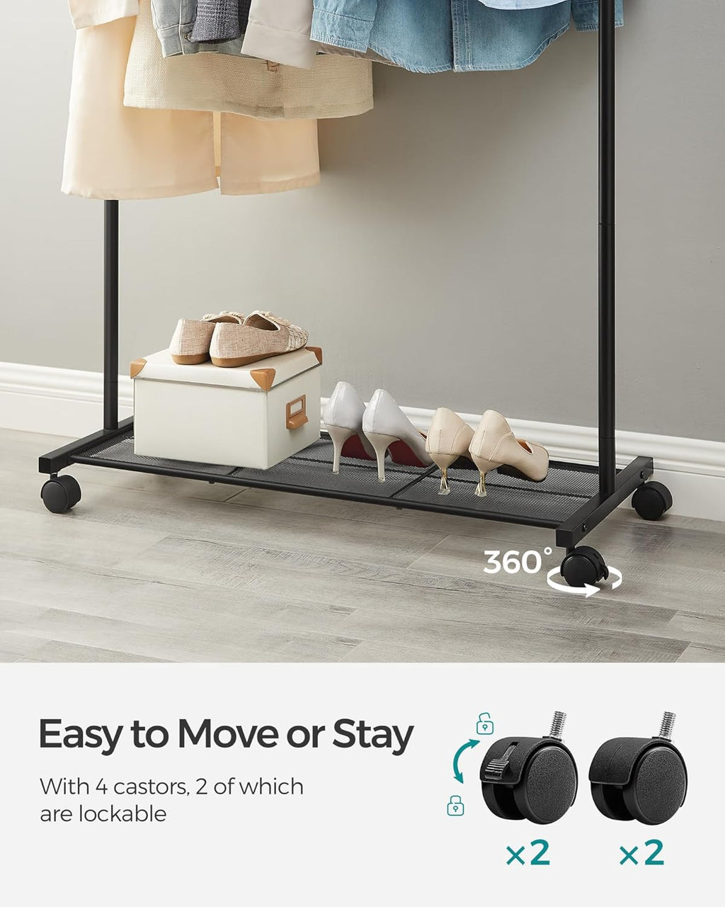 SONGMICS Clothes Rack - Mobile Garment Rack with Mesh Shelf & 110 lb Capacity - Black UHSR25BK