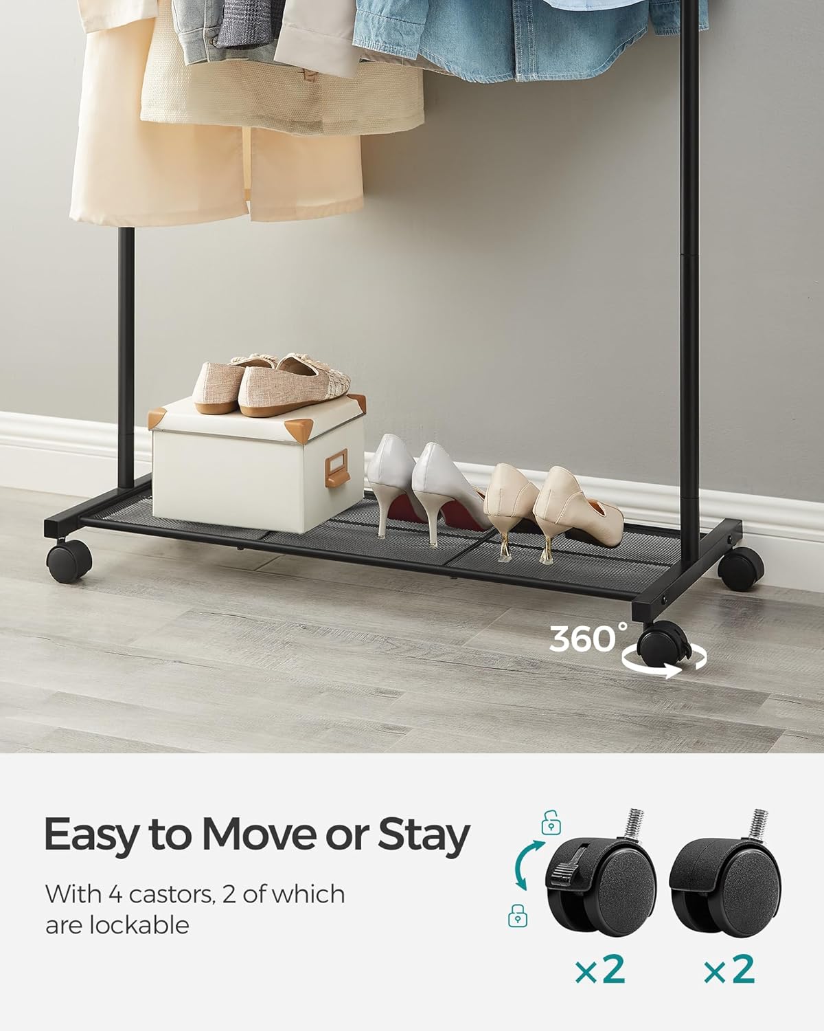 SONGMICS Clothes Rack - Mobile Garment Rack with Mesh Shelf & 110 lb Capacity - Black UHSR25BK