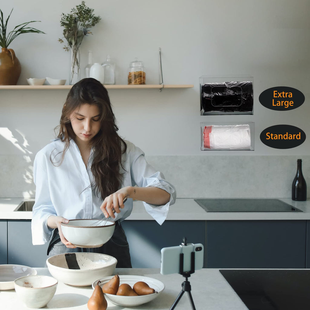 SEANADO Extra Large Trash Bag Dispenser Roll Holder, Wall Mount Acrylic Kitchen Under Sink Organizer Storage Box Large Garbage Bags (10.43” x 7.5” x 6.9” without Lid)