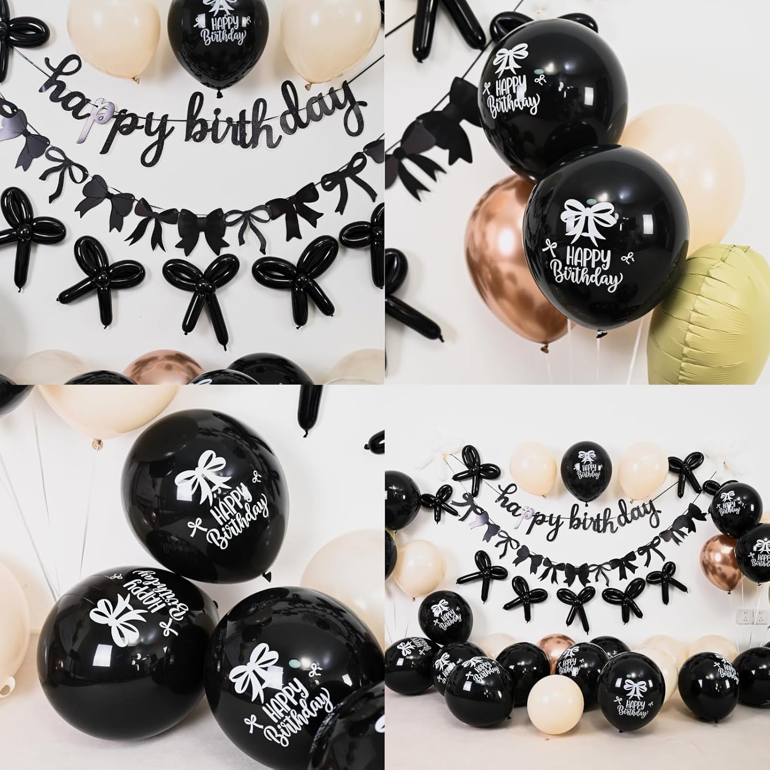 Skiennix Bow Birthday Decorations - Elegant Black & Gold Theme with Happy Birthday Banner & Heart Foil Balloons