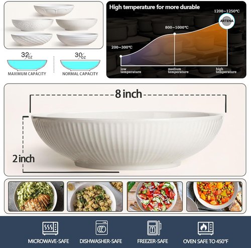 Artena Ceramic Pasta Bowls - 32oz Large Striped Salad Bowls Set of 4 | White Microwave & Dishwasher Safe