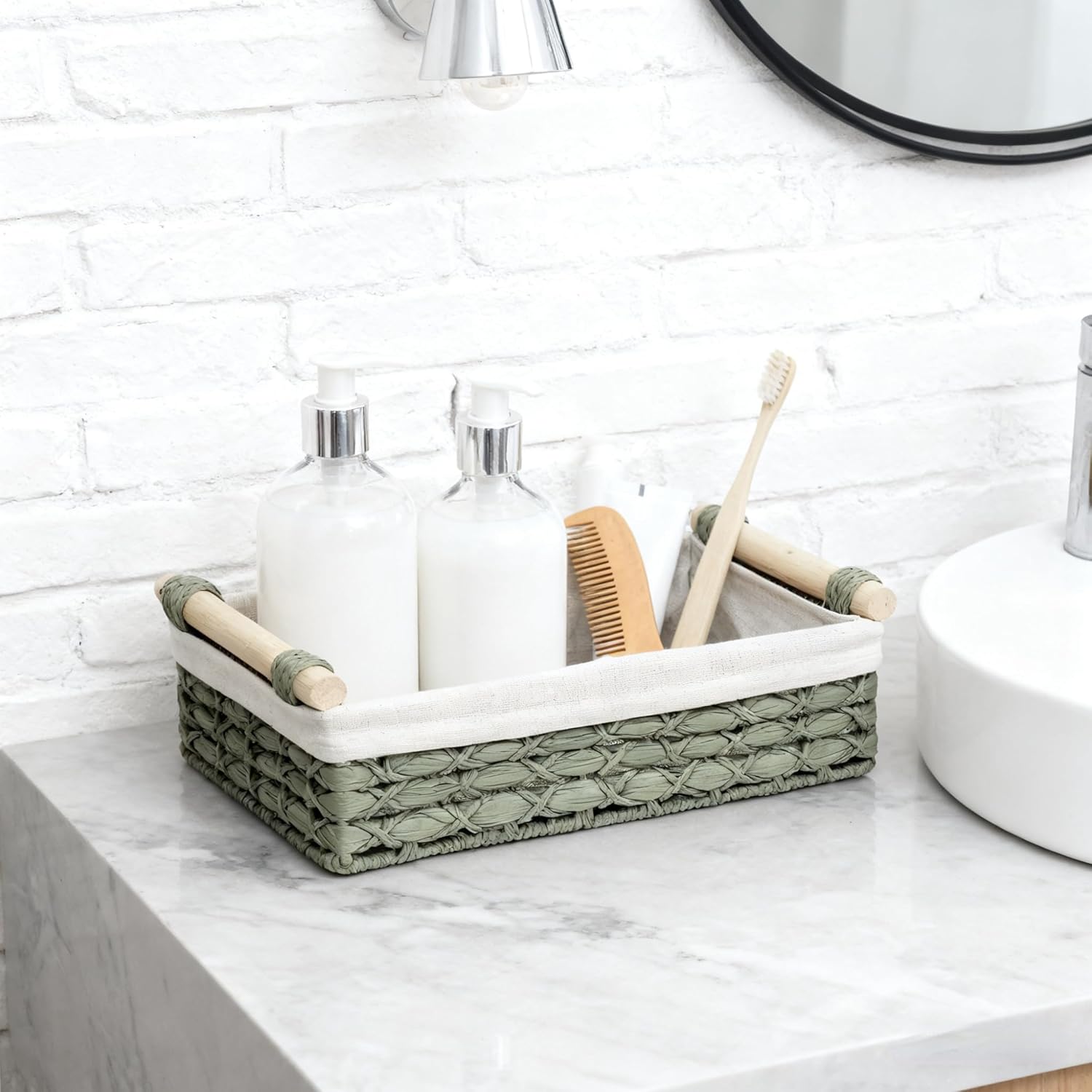 Regine Switzerland Set of 2 Green Bathroom Basket Organizers - Wicker Storage Baskets with Liner & Wooden Handles for Towels & Toiletries