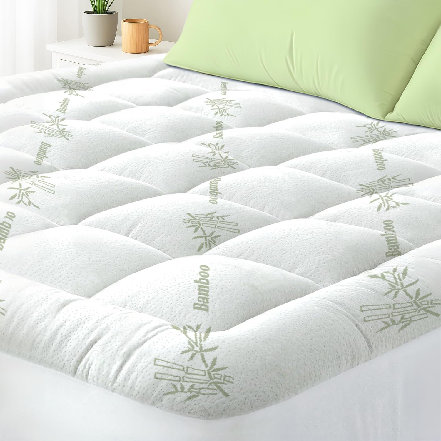 Skiennix Queen Mattress Topper - Cooling Bamboo Viscose Pillow Top Pad | Deep Pocket for 8"-18" Mattresses, Green