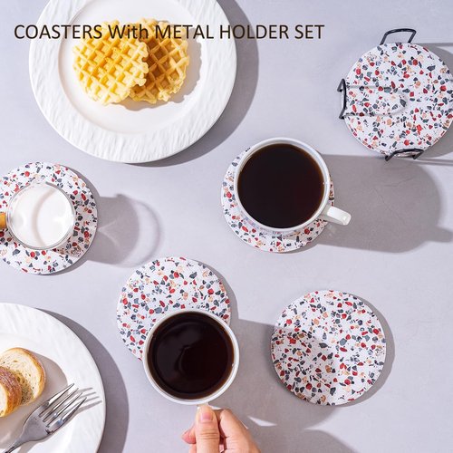 Coasters with Holder Set of 6, Absorbent Marble Drink Decorative Coasters for Coffee Cup Beverage Wine Beer Bar Housewarming