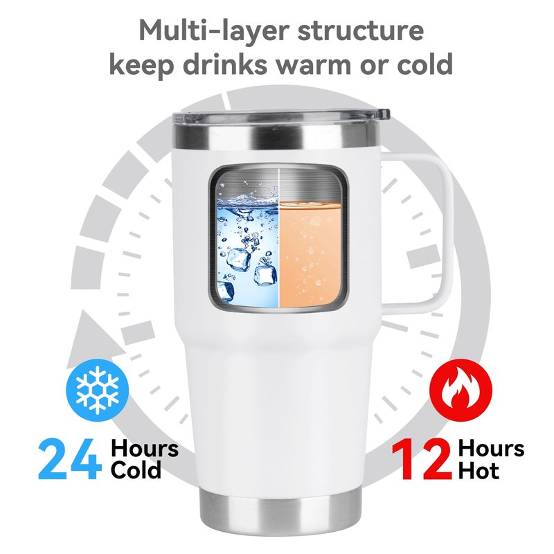 20oz Tumbler Bulk with Lid, Stainless Steel Tumbler Bulk with Handle, Metal Insulated Travel Coffee Mug Set with Handle, Double Wall Vacuum Leak Proof Tumbler Cup, White 12 Pack