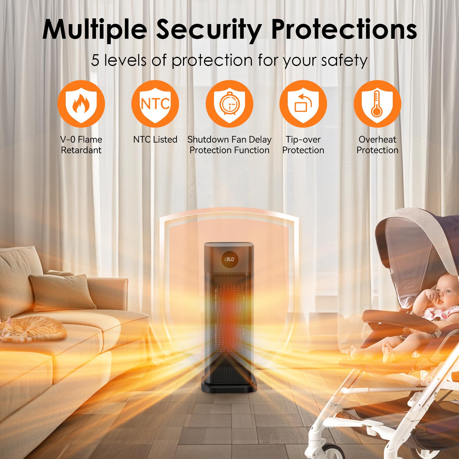 Minthouz Space Heater - 1500W PTC Ceramic Tower Heaters for Indoor Use with Adjustable Thermostat, Timer and Remote Control, Quick 1s Heat-up 70° Oscillation Electric Heater for Office, Bedroom, Room