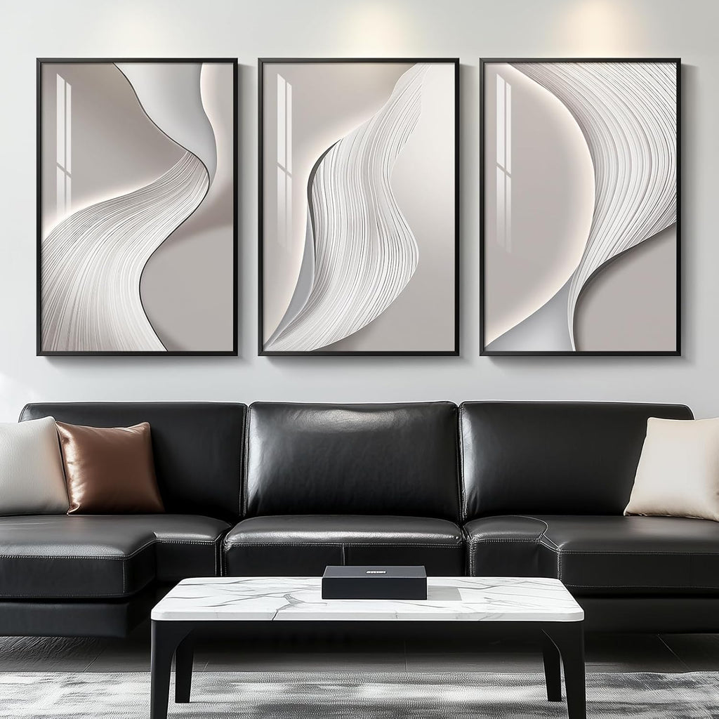 Skiennix Large Framed Modern Abstract Wall Art - Minimalist Silver Gray Prints for Living Room | 24x36 In