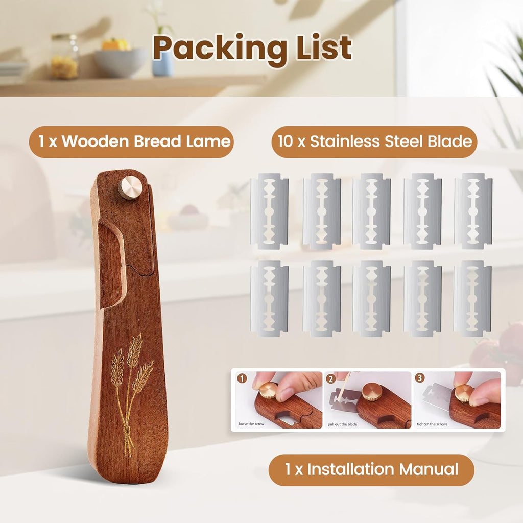 Wooden Bread Lame - Handcrafted Sourdough Scoring Tool with Screw Lock & 10 Razor Blades | Reddish Brown