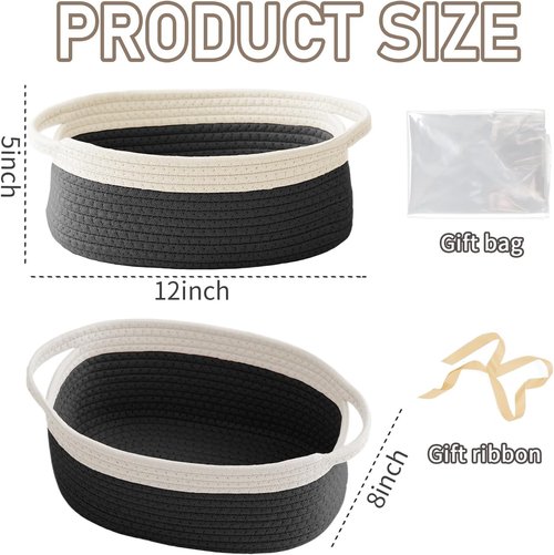 JMvicyroam Woven Basket - Small Rope Storage Bin with Handles | Stylish Organizer for Shelves & Closets - White & Black (2 Pack)