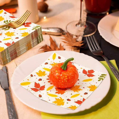 100 PCS Fall Leaves Cocktail Napkins, 3 Ply Thanksgiving Paper Napkins, Disposable Napkins Decorative Fall Leaf Beverage Napkins for Harvest Autumn Home Dinner Bathroom Holiday Party