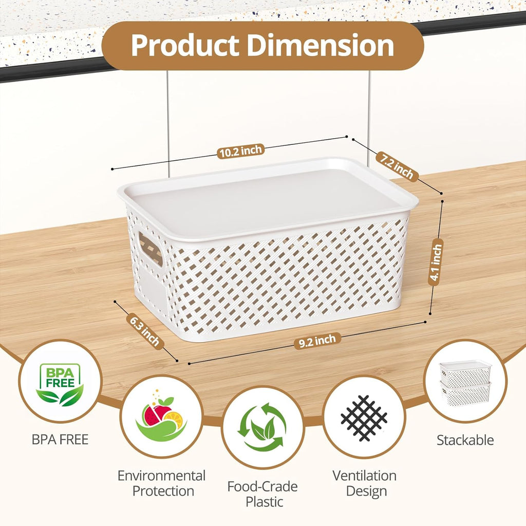 Skiennix Plastic Storage Bins - Stackable Organizing Boxes with Lids | 8-Pack, 10.2x7.2x4.1 Inch, White
