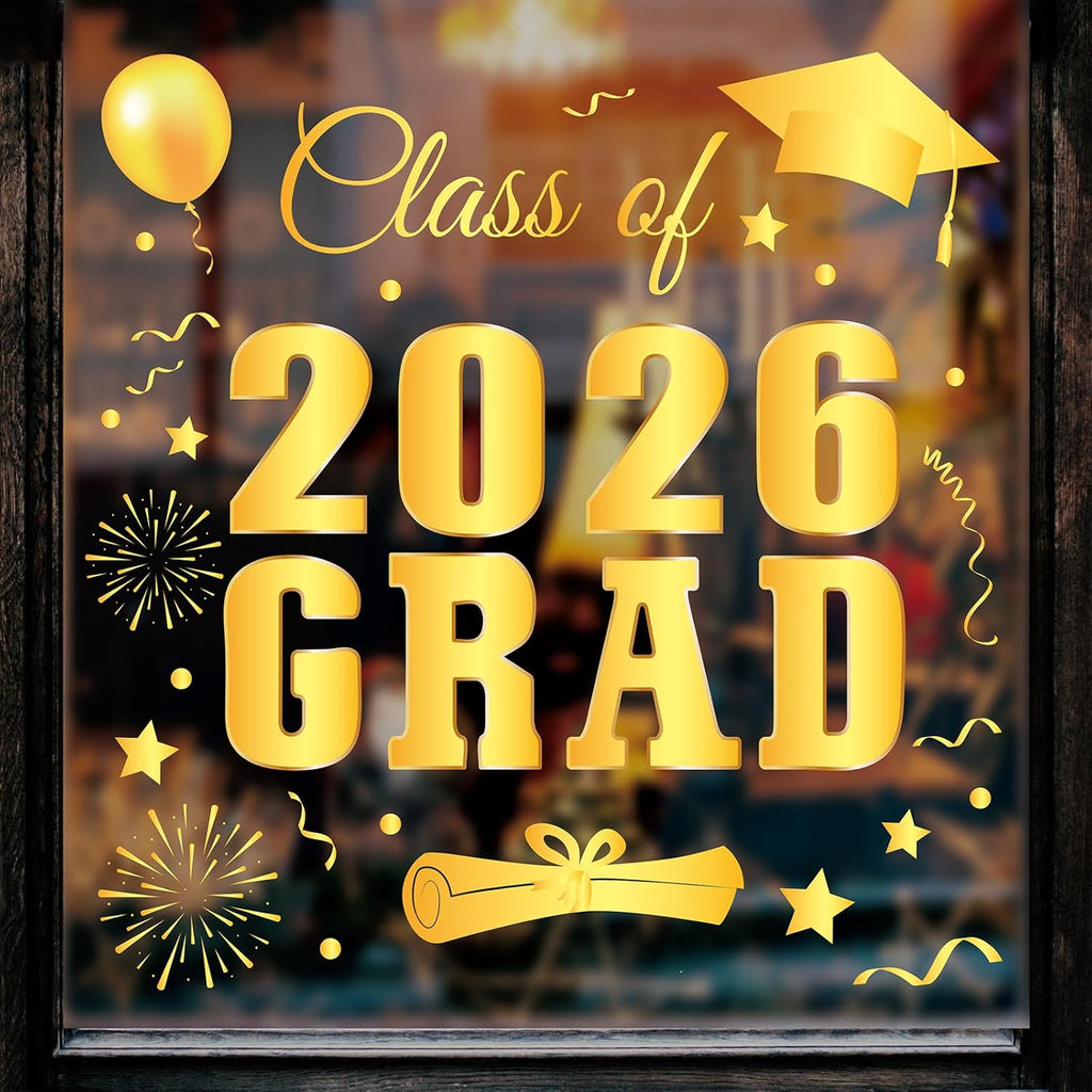 Whaline Graduation Window Clings - Class of 2026 Gold Foil Reusable Decals for Home & School Decor