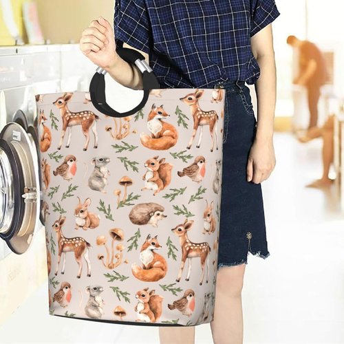 Gbuzozie Forest Little Animals Laundry Hamper Deer Squirrel Fox Hedgehog Bird Storage Basket Toys Clothes Organizer Bin For Home Bathroom Bedroom Dorm Nursery, 52l
