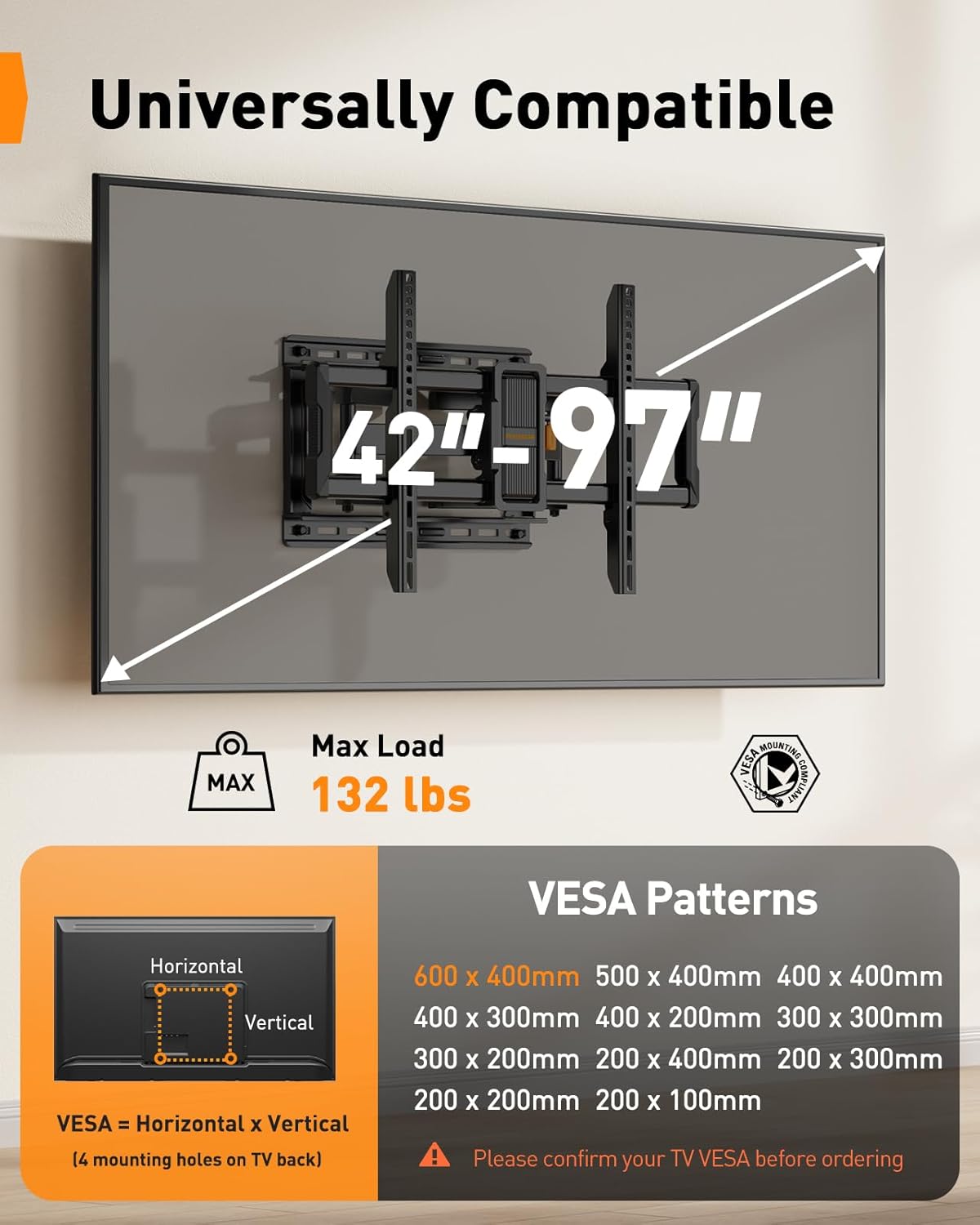 Perlegear Full Motion TV Wall Mount - Fits 42–97 Inch Flat & Curved TVs | Tool-Free Tilt & Swivel, Max VESA 600x400mm