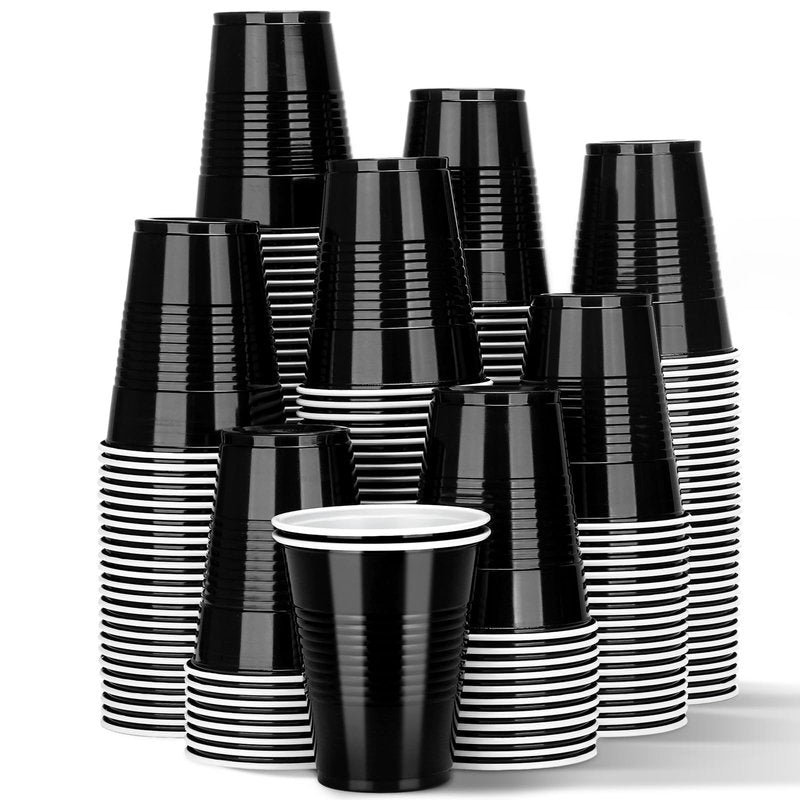 Cholemy 200 Pcs 9 oz Disposable Black Plastic Cups for Party,graduation Shot Cups,drinking Plastic Cocktail Tumbler for Coffee Water Beverage Tea Juice Birthday Party Wedding Barbecues Picnics(Black)