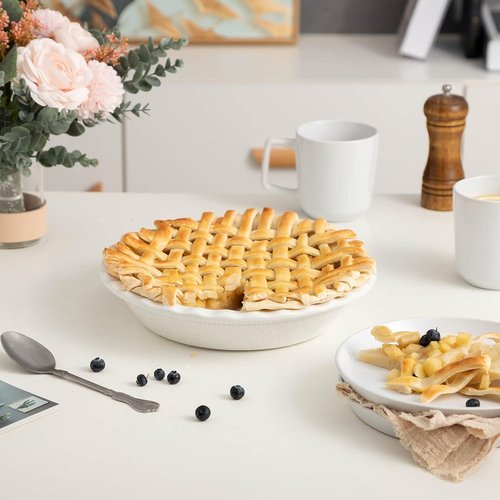 Fun Elements 9-Inch Ceramic Pie Pan - Deep Dish with Lace Emboss & Ruffled Edge | Perfect for Baking & Gifts