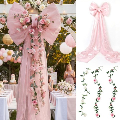 BreezeHug Giant Wedding Bow Decor - Elegant Long Ribbon Design for Bridal Shower & Party | Pink (32 x 20 x 67 inches)