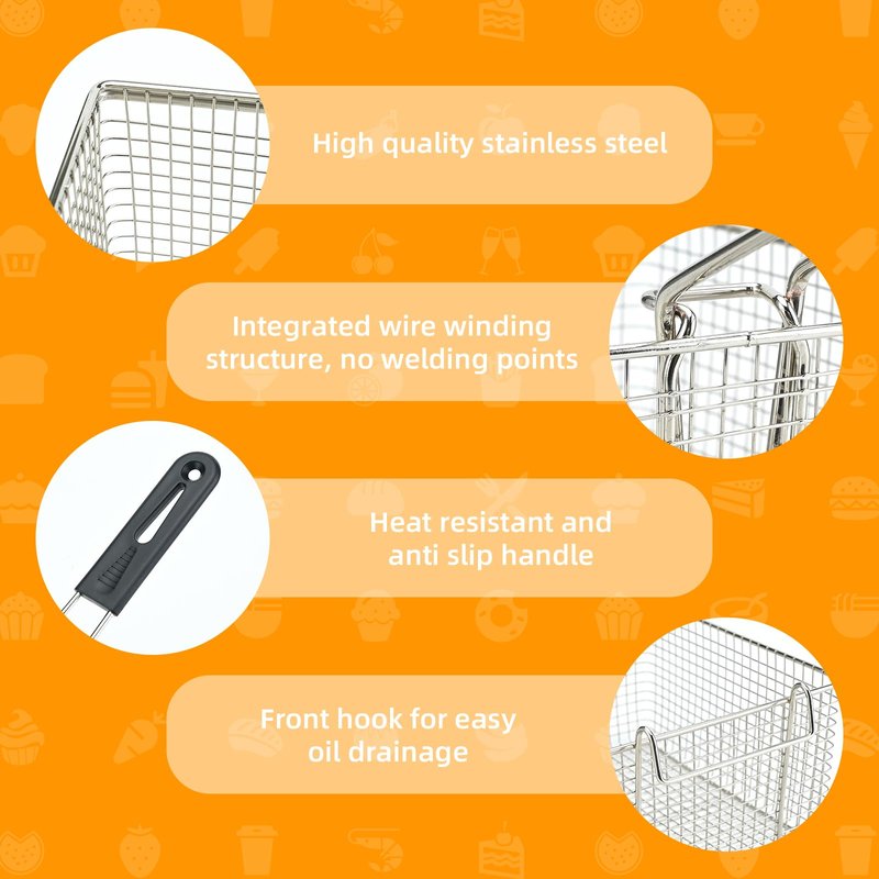 Delizon Electric Fryer Basket for Frying Serving Food, with Rubber Handle Grip, 7.2" x 8.3" x 4.3" Heavy Duty Construction Suitable for fry chicken, fish, french fries, (2 Pcs)