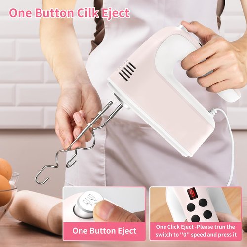 CBQ Hand Mixer Electric, 9 Speed 400W Handheld Mixer with Digital, Touch Button, Turbo, Snop-On Storage Case, 5 Stainless Steel Accessories, Hand Mixer Electric Handheld for Cake, Cookie, Egg (Pink)