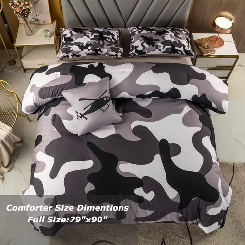 PERFEMET 6 Pcs Comforter Set Full Size Grey Camo Comforter Bed Sets with Sheets for Boys Girls Teens Farmhouse Camouflage Amy Style Bedding Bed in a Bag for All Season(Full, Grey)