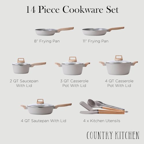 Country Kitchen Nonstick Pots and Pans Set - 14-Piece Cast Aluminum Cookware Set in Grey with Utensils