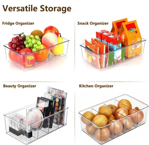 AIYULONG 6 Pack Kitchen Organizers and Storage,Clear Plastic Organizer Bins for Pantry,Fridge,Drawer Organization and Storage, 4 compartment Snack Containers for Spice Packets,Tea bag