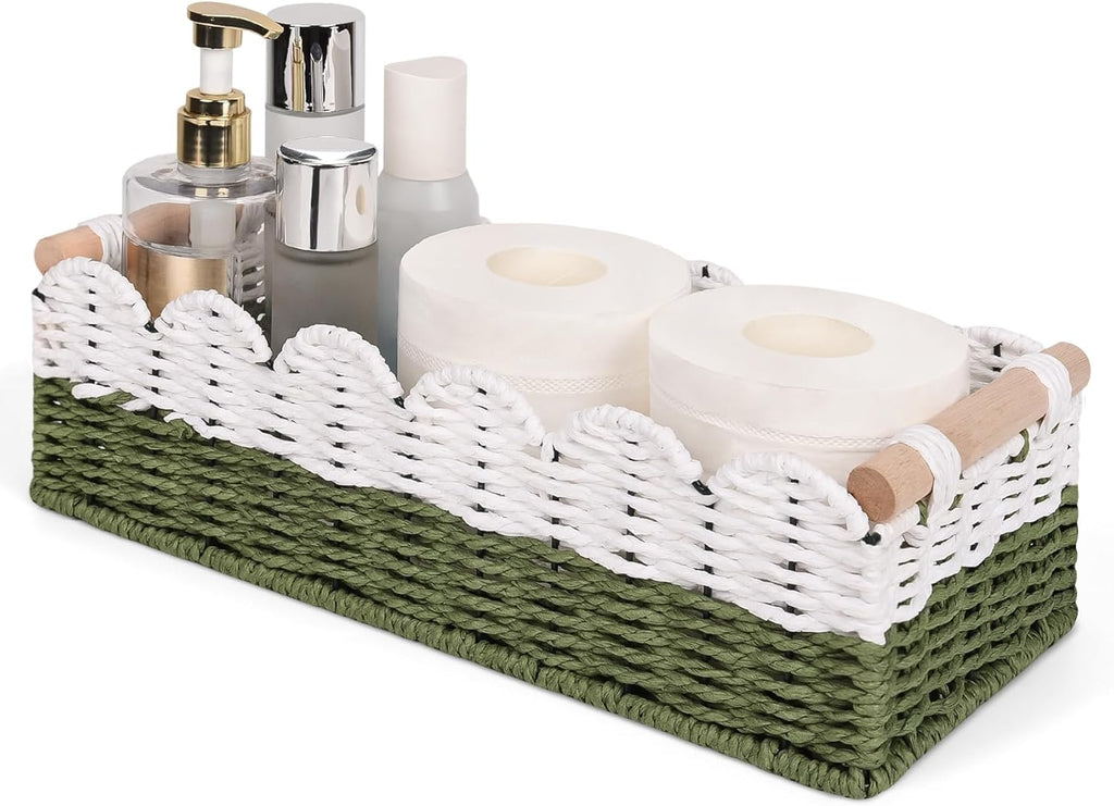 Regine Switzerland Scalloped Edge Toilet Paper Storage Basket - Handwoven Paper Rope Design | Small Size with 2 Wooden Handles