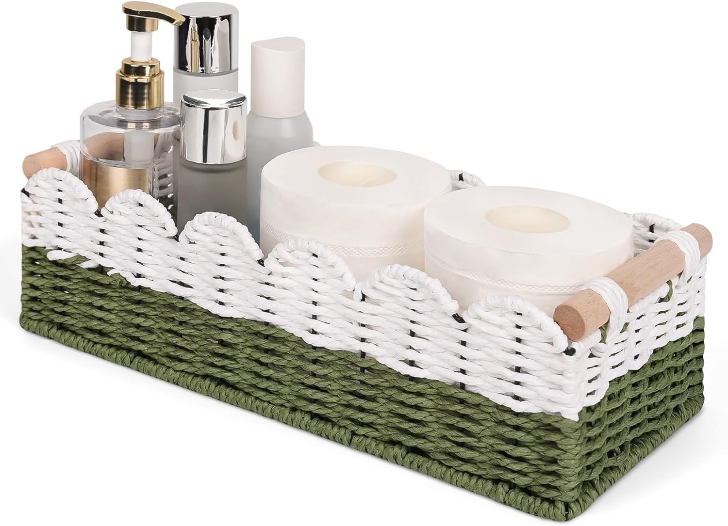 Regine Switzerland Scalloped Edge Toilet Paper Storage Basket - Handwoven Paper Rope Design | Small Size with 2 Wooden Handles