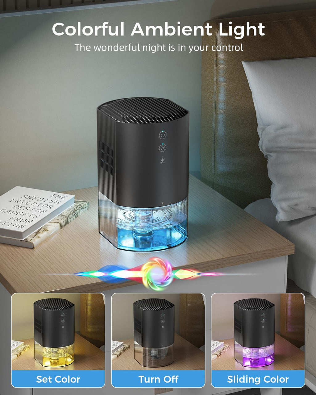 Skiennix Portable Dehumidifier - Ultra Quiet, Energy Saving with Auto Shut Off & Colorful Light | 35 OZ for Home, Office, RV, and More