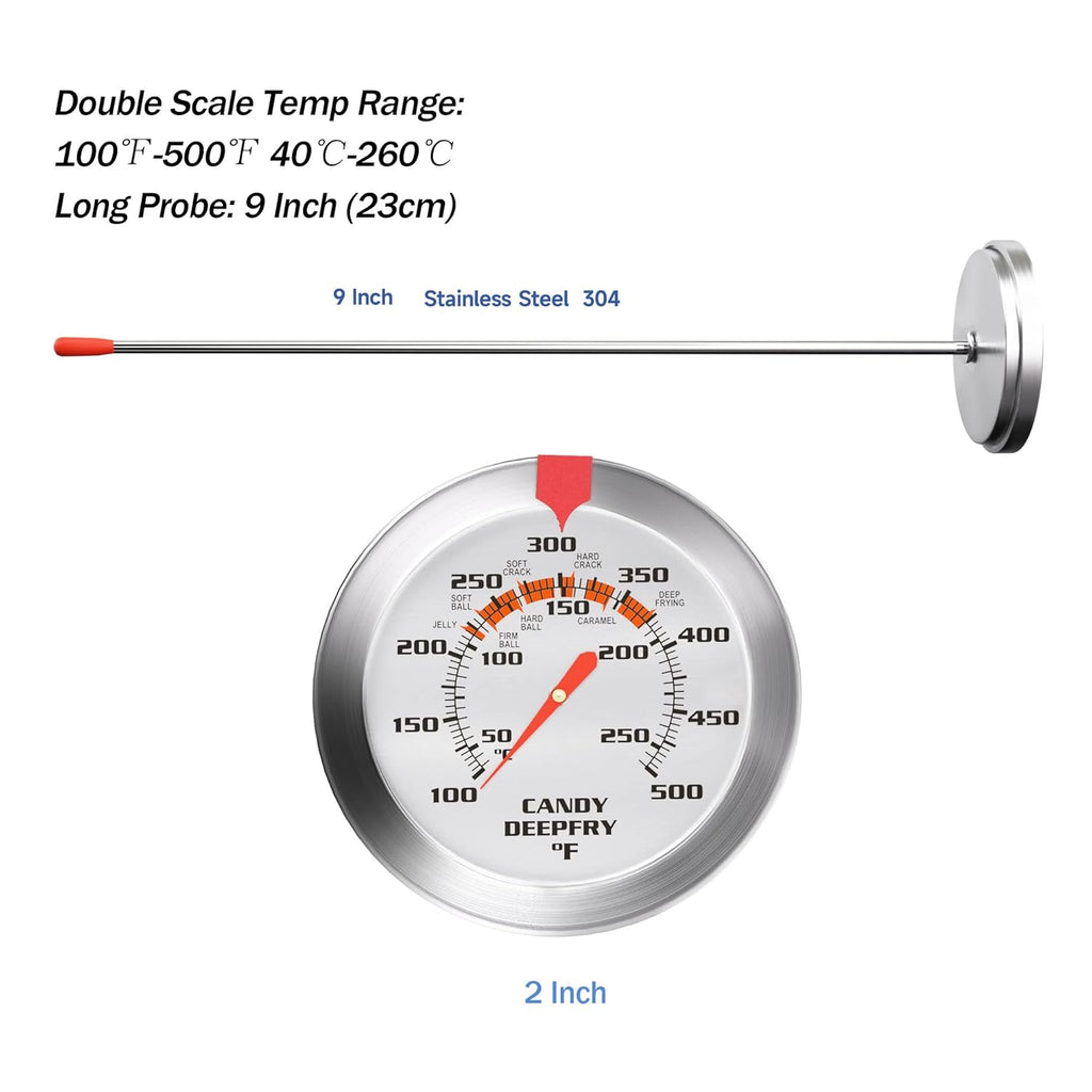 Skiennix Candy Thermometer - 2 Inch Large Dial & 9 Inch Stainless Steel Probe for Perfect Frying & Confectionery