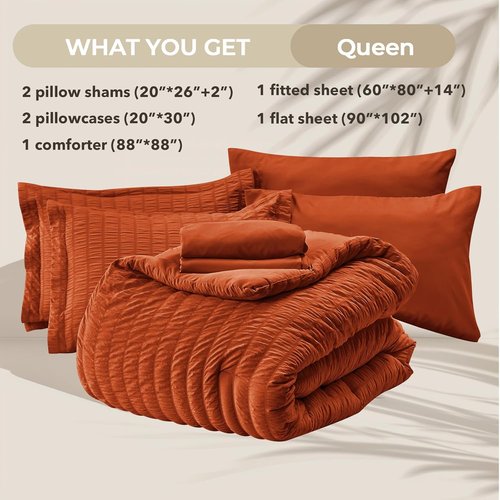 HYMOKEGE Queen Comforter Set - 7-Piece Burnt Orange Seersucker Luxury Bedding | All-Season Bed in a Bag