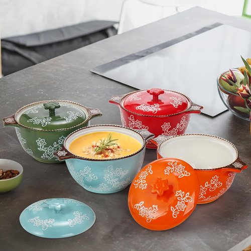 AVLA Ceramic Soup Bowls - 22 Oz French Onion Crocks with Lids & Double Handles | Mini Casserole Set