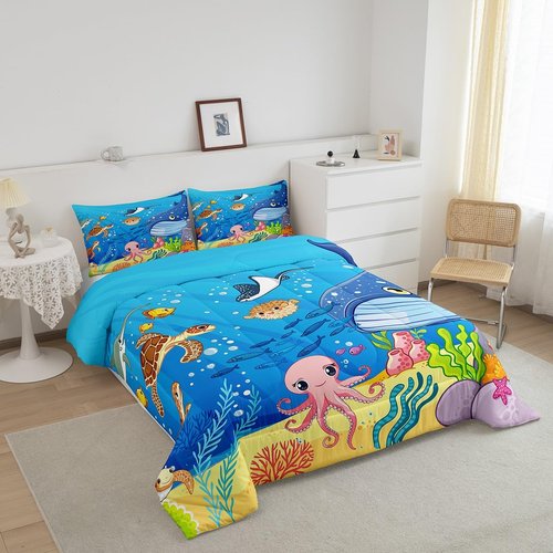Marine Animals Comforter Set Full,Shark Octopus Turtle Coral Bedding Set,Underwater World Cartoon Quilt Set 3 Pcs for Kids Teens Adults Room Decor,Sea Blue Duvet Insert with 2 Pillowcases